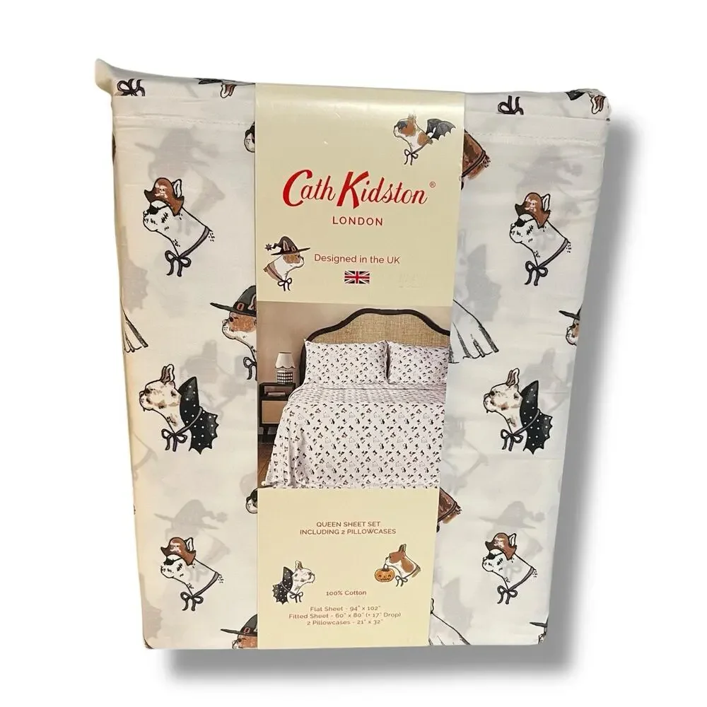 Cath Kidston Spooky Dogs Queen 4 Pc Sheet Set Halloween Costume White Percale